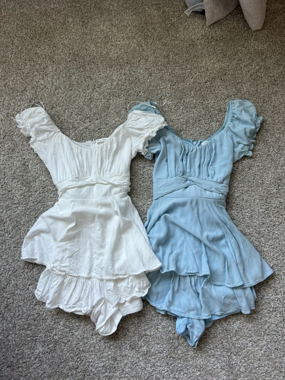Altar'd State White and Light Blue Ruffled Mini Romper Duo